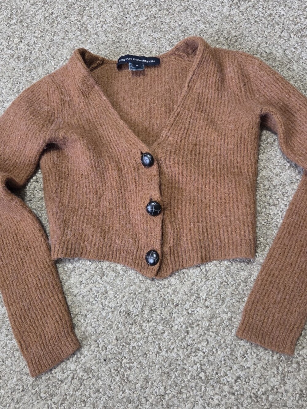 French Connection Women’s Brown Wool Alpaca Blend Cropped Cardigan Button Sz XS